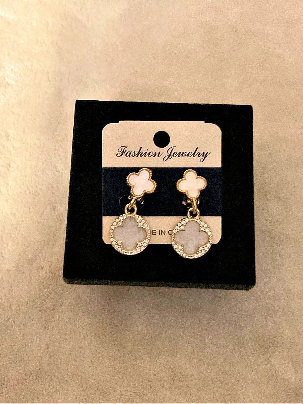 Flower Rhinestone Drop Earrings in Gold & White NWT